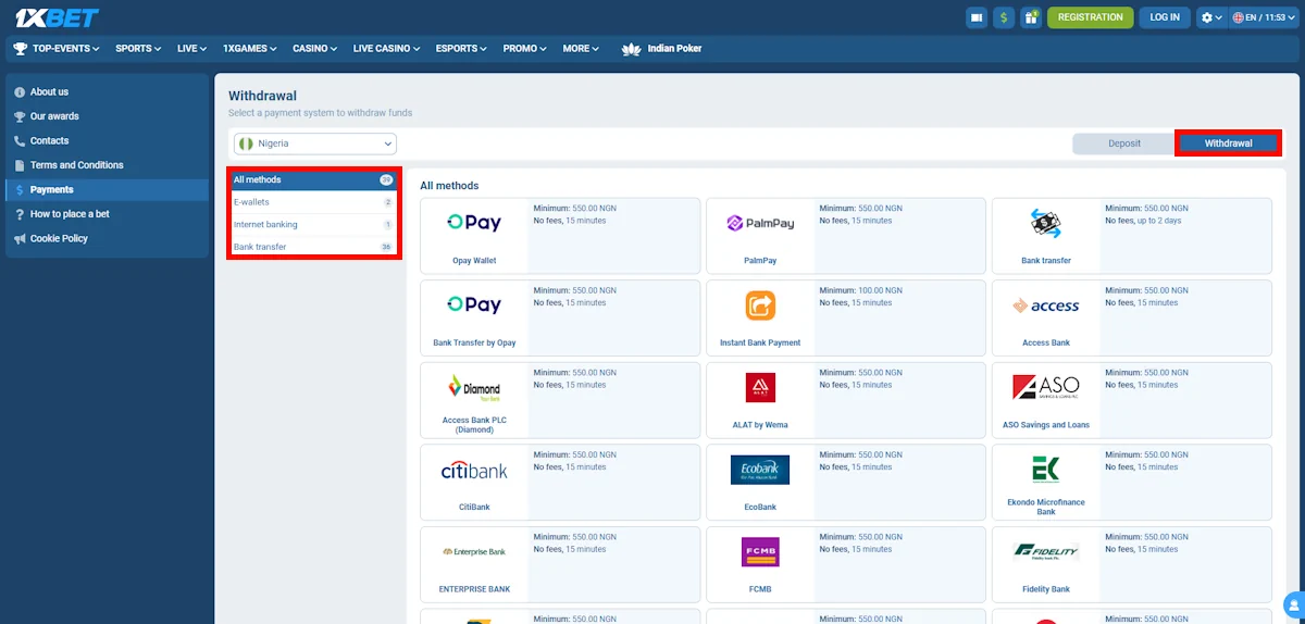 1xBet Withdrawal options Screenshot